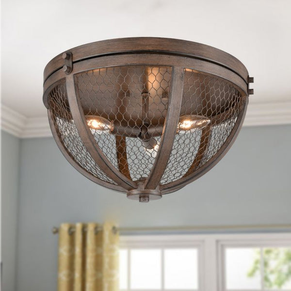 Vintage Wood Grain Metal Cage Flush Mount Ceiling Light With 3-Lights
